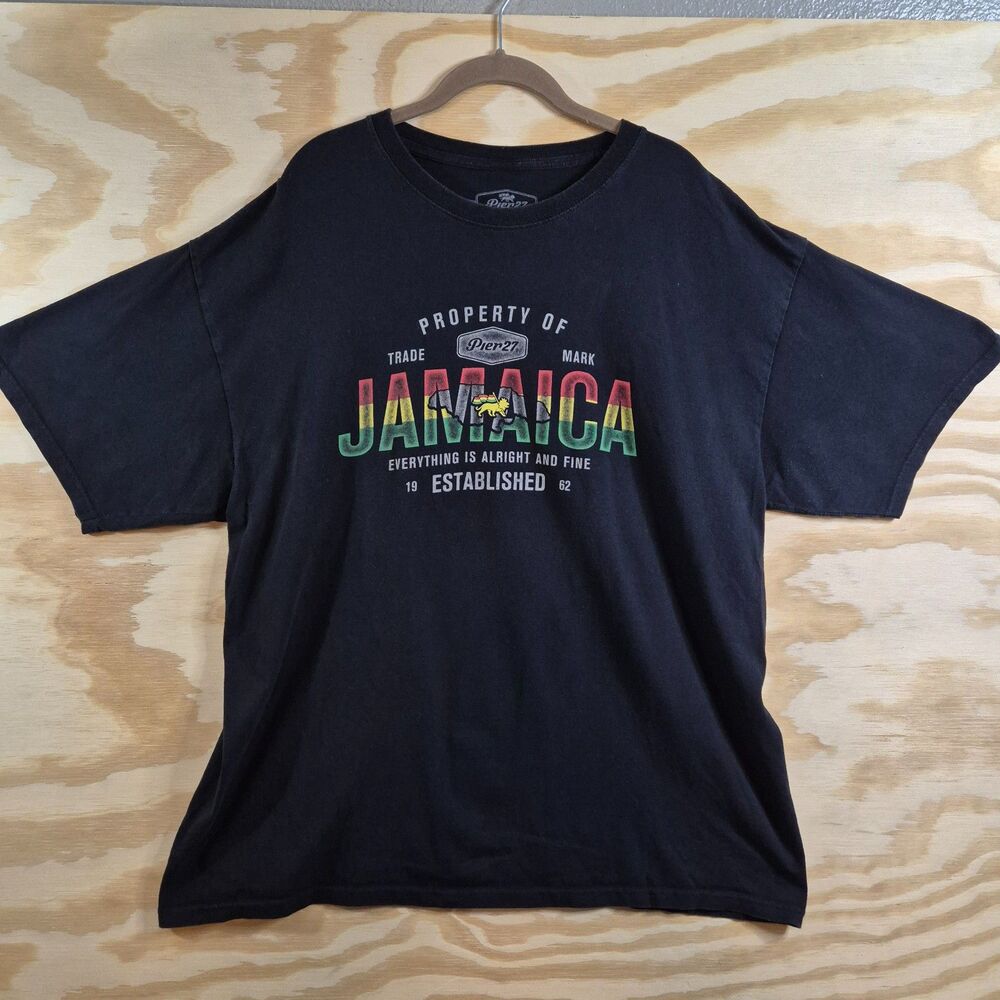 Pier 27 Vintage Jamaica Mens XXL Black Graphic T Shirt Rasta Reggae Cotton Tee